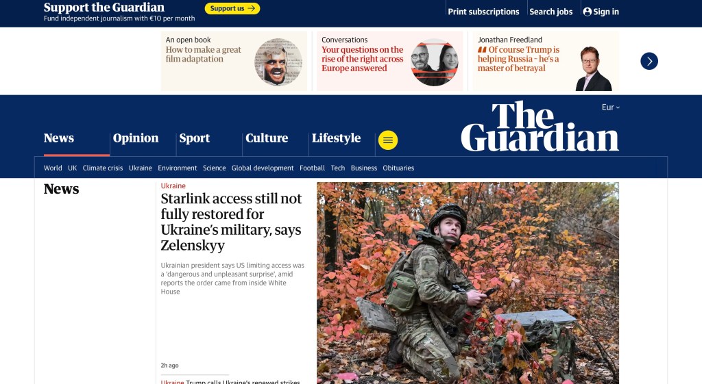 The Guardians startsida den 16 oktober 2026. Skärmbild: The Guardian.